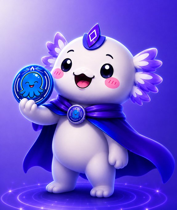 A cute, white, axolotl-like mascot character with purple frills and a cape holds up a glowing blue token featuring an octopus, standing on a purple magical circle.