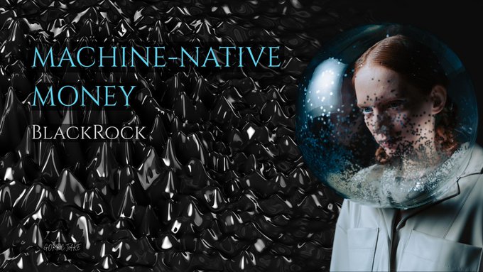 BlackRock-themed 'Machine-Native Money' graphic featuring a woman with a futuristic bubble helmet against a metallic silver background.