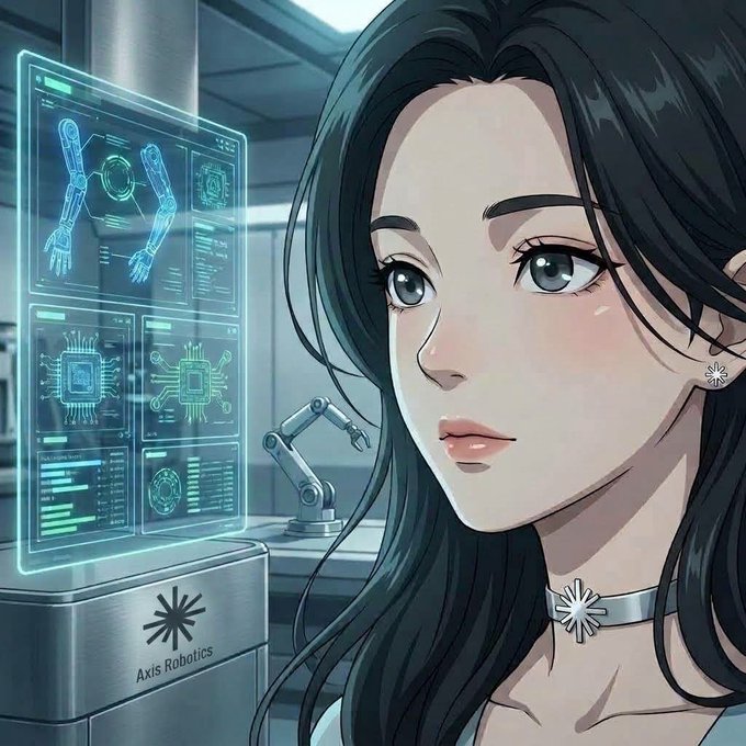 Anime-style illustration of a young woman with dark hair in a high-tech lab, with a holographic display showing robotic designs and 'Axis Robotics' text on equipment behind her.