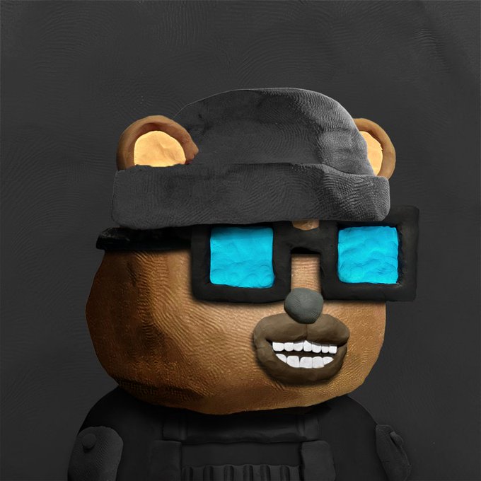 3D rendered character of a brown bear wearing a black beanie and pixelated cyan sunglasses, smiling with visible white teeth against a dark gray background.