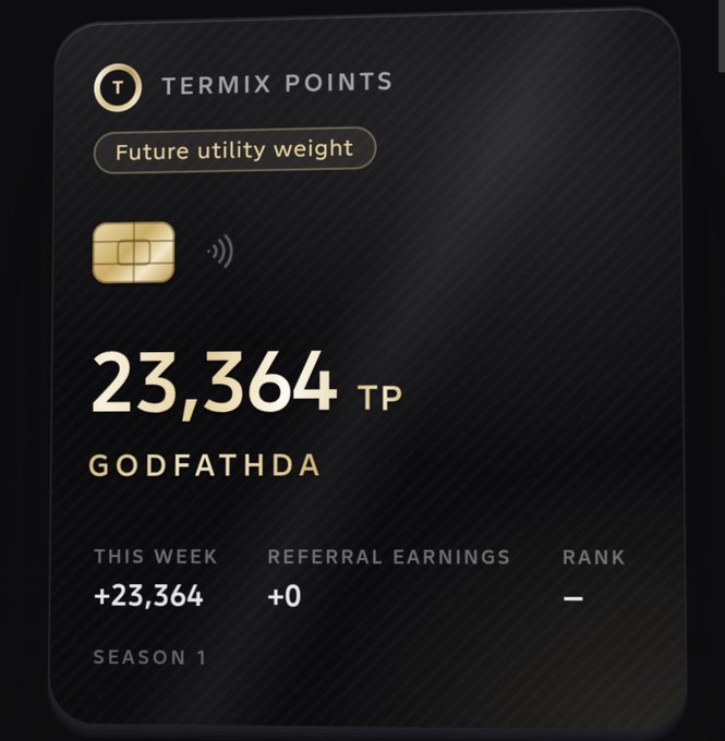 A dark-themed digital dashboard displays 'TERMIX POINTS' showing 23,364 TP for user 'GODFATHDA', labeled as 'Future utility weight' with Season 1 details.