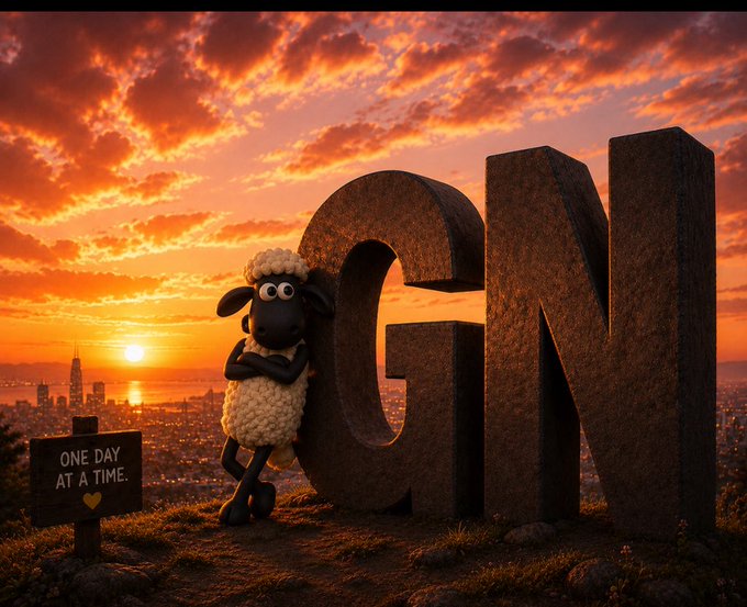 A cartoon sheep character leaning against large rusty letters 'GN' with a sign reading 'ONE DAY AT A TIME' under a sunset sky over a city.