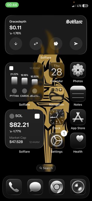 In this image, a cell phone display shows a grid of icons representing various app settings and services. The most prominent icon is the @solflare widget, which provides information about the wallet balance, Solana price, and top moving Solana tokens without opening any app. This convenience allows users to quickly access important financial details and trading data within the app.