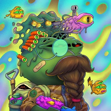 The image features a cartoon character with a beard, mustache, and goatee wearing a green shirt and holding a camera. There are also other characters present in the scene, including a green monster with a gun and a pink monster with an eye patch. The background is filled with various objects such as a bottle, a cup, and a spoon. The image appears to be related to the post about the "2 project" by @PepeExplorers, which has been shared on social media platforms like Twitter and Instagram.