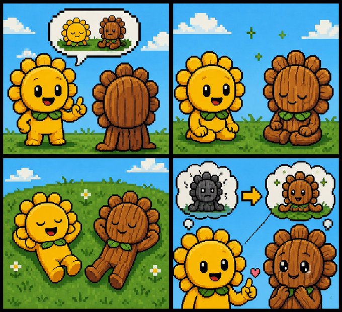 A four-panel pixel art comic showing cute cartoon sunflowers: introducing themselves, meditating together, relaxing on the grass, and the yellow sunflower imagining the brown one as gray before they make a heart sign together.