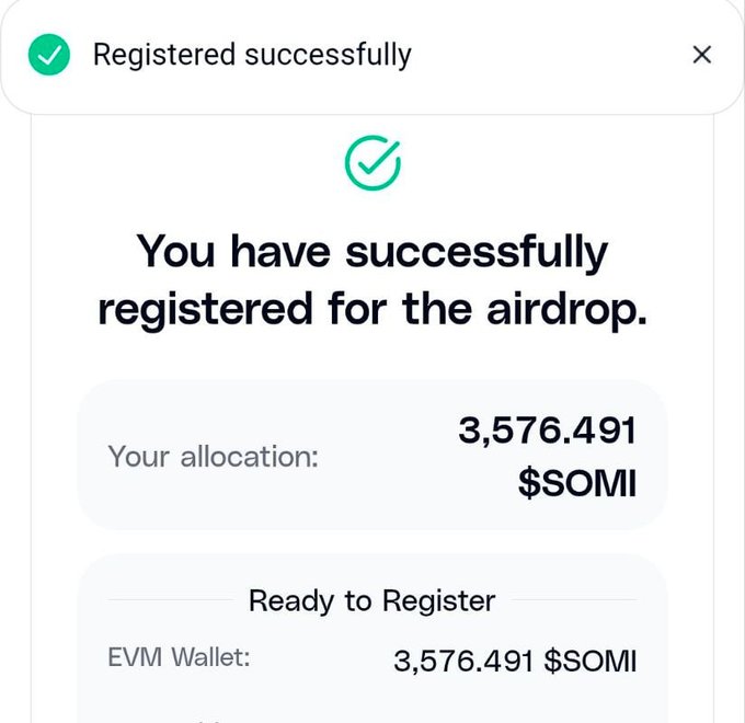 Airdrop registration confirmation screen showing successful registration with an allocation of 3,576.491 $SOMI tokens for an EVM wallet.