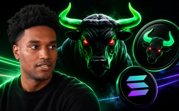 A promotional image featuring a young man next to a glowing green bull mascot and the Solana logo, suggesting a crypto or trading-related advertisement.