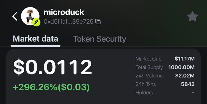 Mobile screenshot of crypto token market data for 'microduck' (0xd5f1af...39e725) showing a price of $0.0112, up 296.26%, with $11.17M market cap and $2.02M 24h volume.