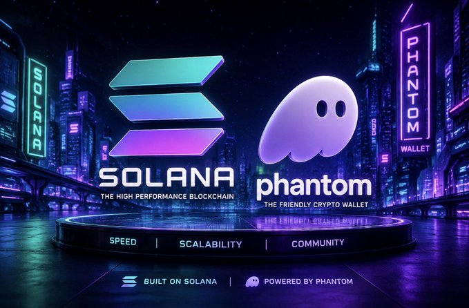 Promotional graphic featuring the Solana blockchain logo alongside the Phantom crypto wallet ghost mascot, with text highlighting 'SPEED', 'SCALABILITY', and 'COMMUNITY' against a futuristic neon city backdrop.