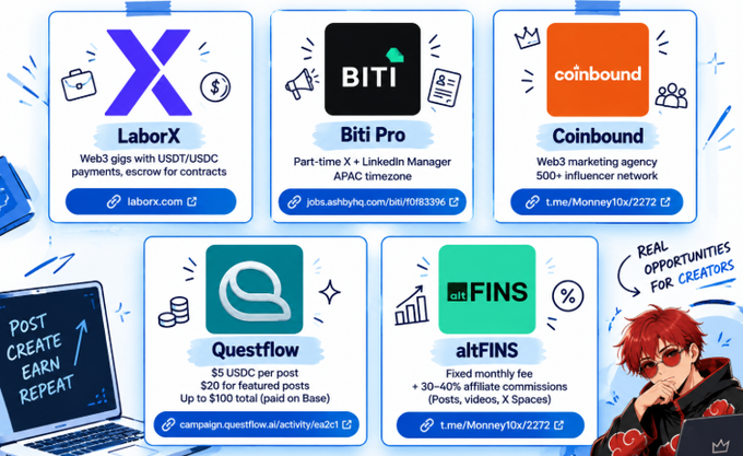 Image 1: A promotional graphic showcasing five Web3 opportunities: LaborX (web3 gigs with USDT/USDC payments), Biti Pro (part-time X + LinkedIn Manager), Coinbound (web3 marketing agency), Questflow ($5 USDC per post, $20 for featured posts), and altFINS (fixed monthly fee + 30-40% affiliate commissions), with a note 'REAL OPPORTUNITIES FOR CREATORS.'