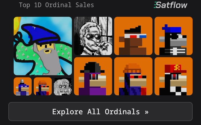 A dark-themed graphic titled 'Top 1D Ordinal Sales' from 'Satflow' shows various pixel art and illustrated character NFT thumbnails with an 'Explore All Ordinals »' button.