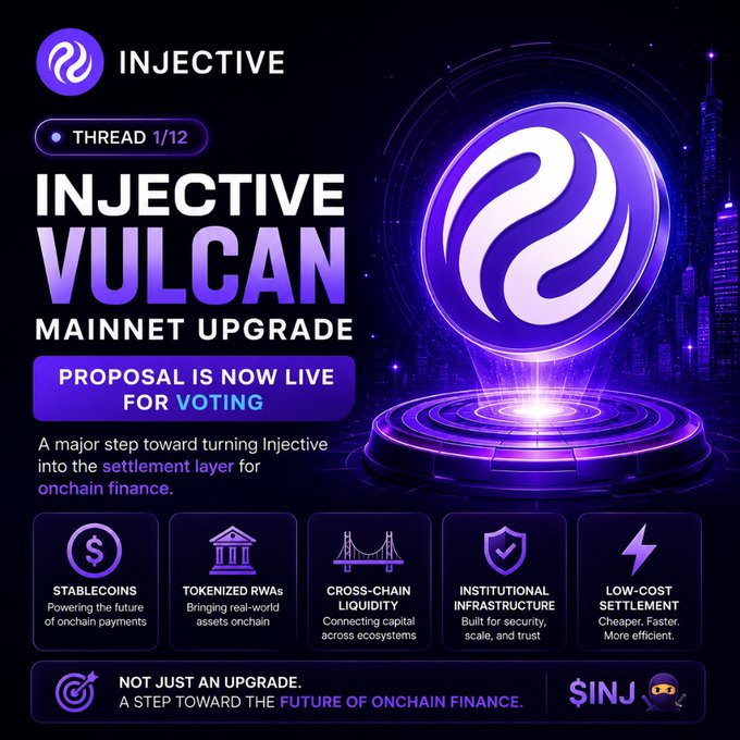 The image features a purple circle with white swirls, which appears to be a coin or token. The text above the coin reads "Injective Vulcan Mainnet Upgrade proposal is now live for voting", indicating that there's an ongoing project related to the use of the cryptocurrency, specifically the use of the name "Vulcan". The image also includes various icons and logos associated with different aspects of the project or company.