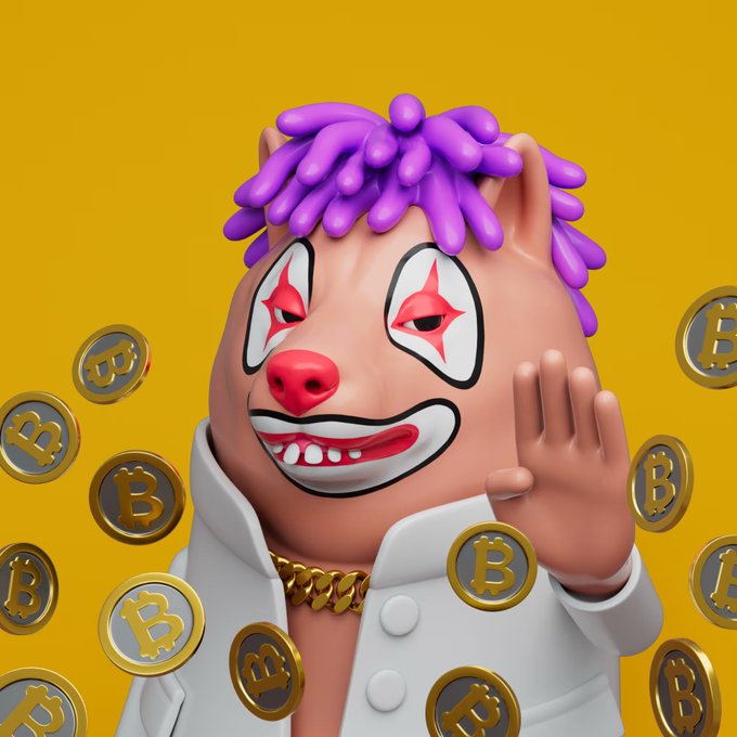 A 3D-rendered clown character with purple hair, white face paint with red star eyes, and a gold chain necklace, waving against a yellow background while surrounded by floating Bitcoin coins.