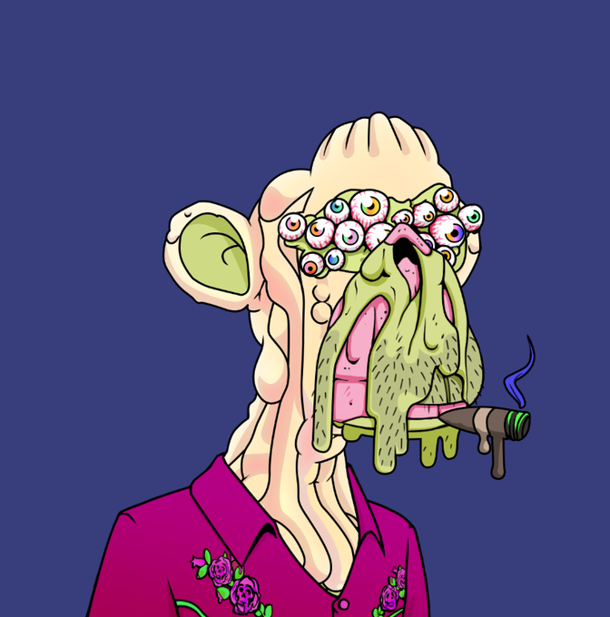 A surreal cartoon illustration of a bald, melting figure with multiple eyeballs replacing normal facial features, smoking a cigar, and wearing a pink shirt with rose patterns.