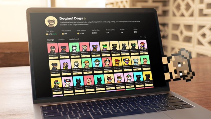 A laptop displaying the Doginal Dogs NFT marketplace on the Dogecoin blockchain, showing stats like 47K floor price and 7M volume alongside a pixelated Shiba Inu character.