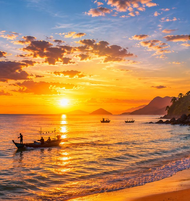 A scenic photograph of a golden sunset over the ocean, with small boats on the water, distant mountains, and clouds illuminated in orange and pink hues.