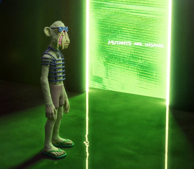 A 3D-rendered, scruffy humanoid character wearing pixelated sunglasses and a life vest stands before a glowing green portal that displays the text "MUTANTS ARE INSANE."