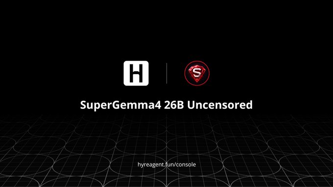 A dark promotional graphic featuring Hugging Face and SuperGemma4 logos above the text "SuperGemma4 26B Uncensored," with "hyreagent.fun/console" at the bottom on a wavy grid background.

The image directly supports the post by promoting the "SuperGemma4 26B Uncensored" model now available via the hyreagent.fun console.