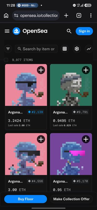 A mobile view of an OpenSea NFT collection page displays pixelated "Argonauts" character NFTs listed at various prices, including 3.2424 ETH, 0.9495 ETH, 3.00 ETH, and 0.95 ETH, with a "Buy Floor" button at the base. The pixel art figures appear to feature updated smoking pipe accessories, fitting the "New trait update~!" caption by showcasing the fresh feature added to the Argonauts collection.
