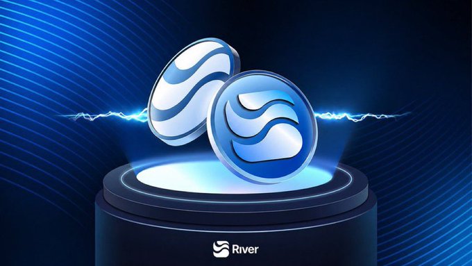 A 3D render of two glowing blue and silver coins with a wave logo resting on a pedestal, branded with 'River' at the bottom.