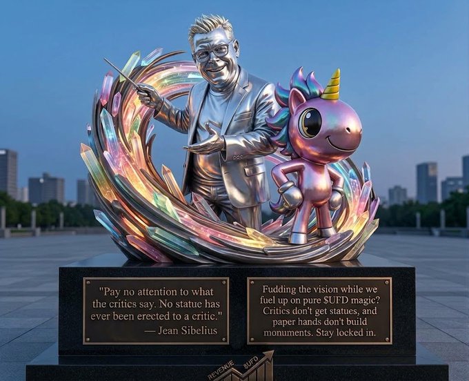 The image shows a shiny silver statue of a smiling man in glasses beside a rainbow-maned unicorn, mounted on a black pedestal displaying two plaques with quotes—one attributed to "Jean Sibelius" saying "Pay no attention to what the critics say. No statue has ever been erected to a critic," and another referencing "$UFD" and "SUFD magic," with a small graph showing "REVENUE" and "$UFD" at the base.

The statue visually embodies the accompanying post's message of ignoring critics and celebrating the $UFD token, directly tying the "Pay no attention to the critics" plaque to the bullish "#GoodAttractsGOOD" sentiment while placing UFD at the center of a monument alongside unicorn imagery.