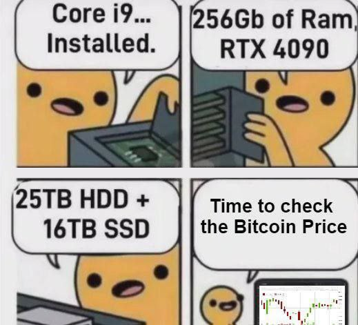 Four-panel comic featuring a character upgrading a computer with high-end components: 'Core i9... Installed', '256Gb of Ram, RTX 4090', '25TB HDD + 16TB SSD', and finally 'Time to check the Bitcoin Price'.