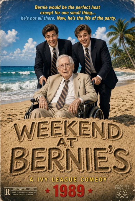 A movie poster parody titled 'Weekend at Bernie's' reimagined as 'A Ivy League Comedy' shows two young men in suits with an elderly man in a wheelchair on a beach, dated 1989.