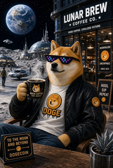 A Shiba Inu dog wearing pixelated sunglasses and a 'DOGE' t-shirt sits at a 'LUNAR BREW COFFEE CO.' cafe on a moon base, holding a 'MUCH COFFEE VERY ENJOY' mug, with signs reading 'DECENTRALIZED', 'UNSTOPPABLE', 'SINCE 2013', 'HODL SIP REPEAT', and 'TO THE MOON AND BEYOND DOGECOIN'.