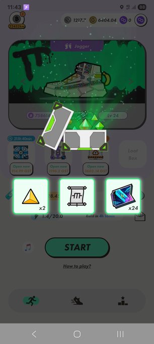 A screenshot from a mobile game showing a character in a green-hued room with loot boxes and in-game items available to open.