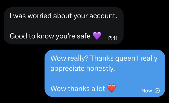 A screenshot of a text exchange where someone expresses relief that the other person's account is safe, followed by a grateful response saying "Wow really? Thanks queen I really appreciate honestly, Wow thanks a lot" with a red heart emoji, illustrating the heartfelt appreciation referenced in the post praising Caroline for her kind gesture.