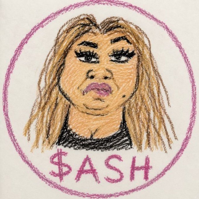A hand-drawn sketch in a pink circle of a woman with long blonde hair, purple lips, and the text '$ASH' below her.