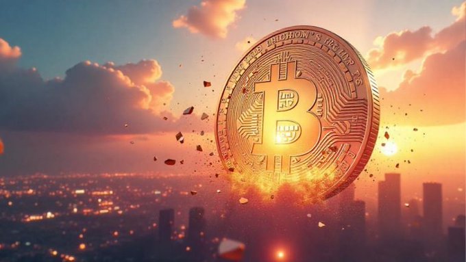 A golden Bitcoin coin floats dramatically over a sunset city skyline with clouds, debris scattering around it.
