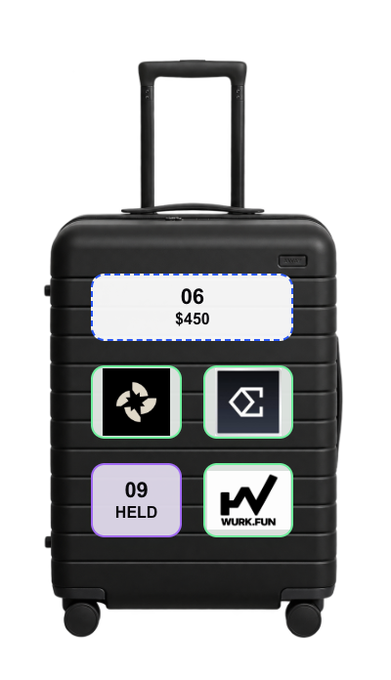 A graphic of a black rolling suitcase is overlaid with four collectible tokens, including a value tag reading '06 $450', an '09 HELD' badge, a 'WURKFUN' token, and other stylized icons.