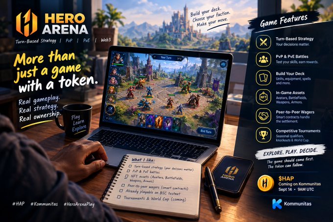 A promotional banner for "Hero Arena," a turn-based strategy PvP Web3 game, showing a laptop displaying gameplay alongside a checklist of features like PvP battles, NFT assets, and competitive tournaments, with a Sept 14 9AM UTC token launch date on Kommunitas.