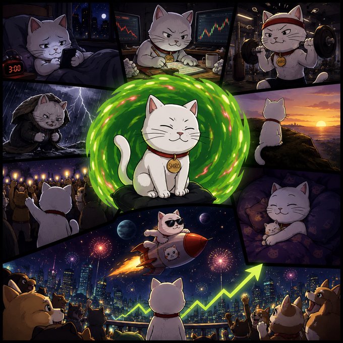 A collage of cartoon cats in various scenes including trading charts, weightlifting, and space, with a central white cat wearing a "SHIRO" tag surrounded by a green energy swirl.