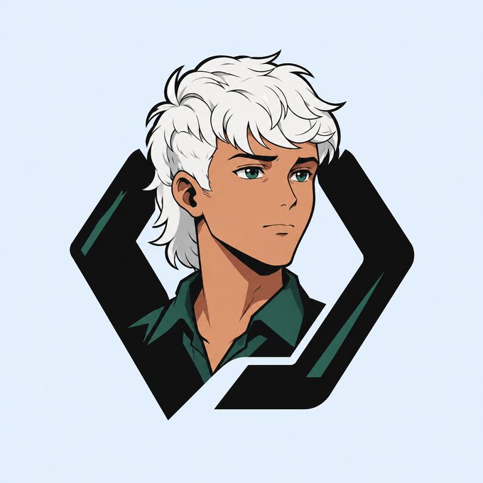 An anime-style illustration of a male character with white hair and green eyes, framed inside a dark geometric logo.