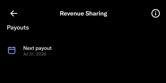 The image shows "Revenue Sharing" and "Next payout Jul 31, 2026." This is ironic in relation to the post asking about today's payout, as the next payout is in the distant future.