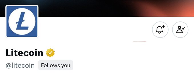 The image shows the official Litecoin Twitter/X profile with its blue "Ł" logo, the verified "Litecoin" name with a gold checkmark, the handle @litecoin, and a "Follows you" indicator. This visually confirms the post's statement that Litecoin has followed the user back.