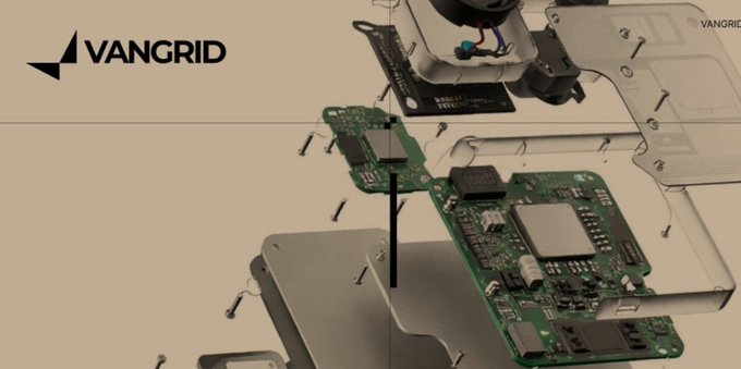 A promotional image for VANGRID showing a detailed, exploded-view rendering of a metallic electronic device and its internal circuit board.