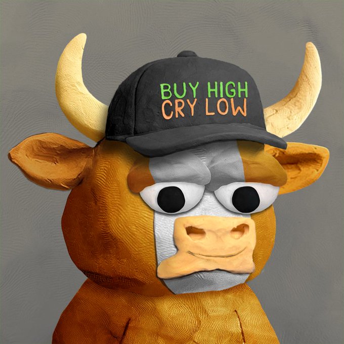 A 3D-rendered bull figurine wearing a black baseball cap with the text "BUY HIGH CRY LOW" in green and orange lettering.