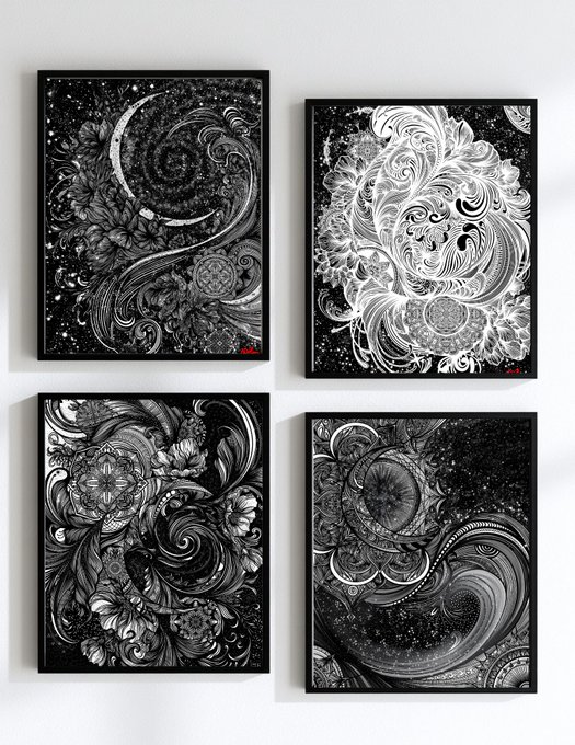 Four intricately detailed black and white art prints featuring swirling floral and celestial patterns are arranged on a plain wall.