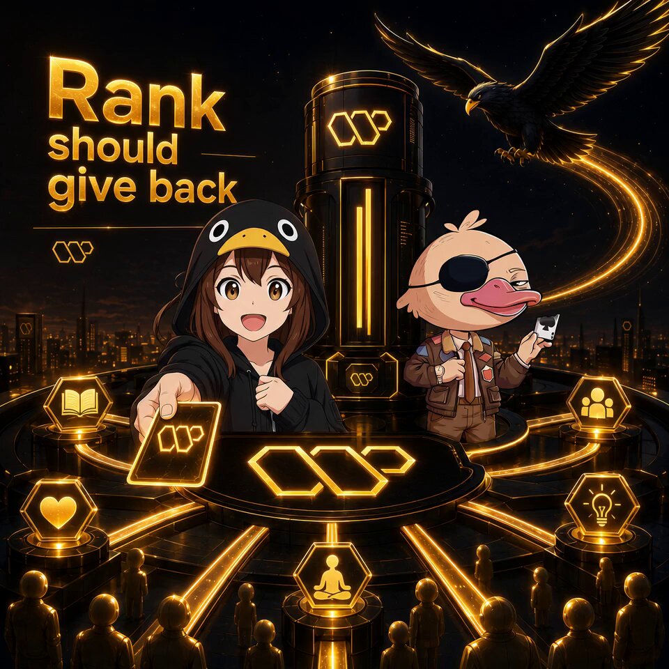 The image features a girl wearing a black hoodie with a bird design holding a book while standing next to an eagle. The background of the image shows a city skyline at night, with a banner that reads "Rank should give back".