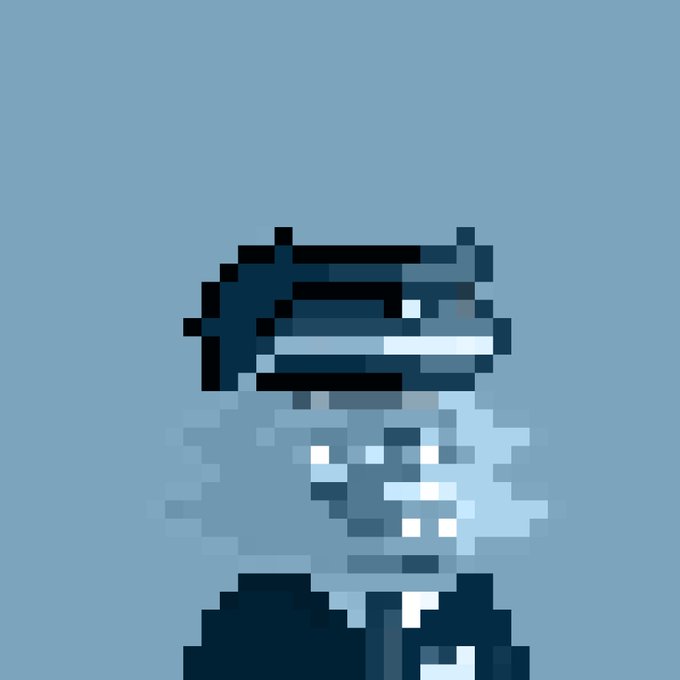 A pixel art style image showing a figure wearing a peaked cap, with their lower face obscured by a pixelated blue blur effect against a solid blue background.
