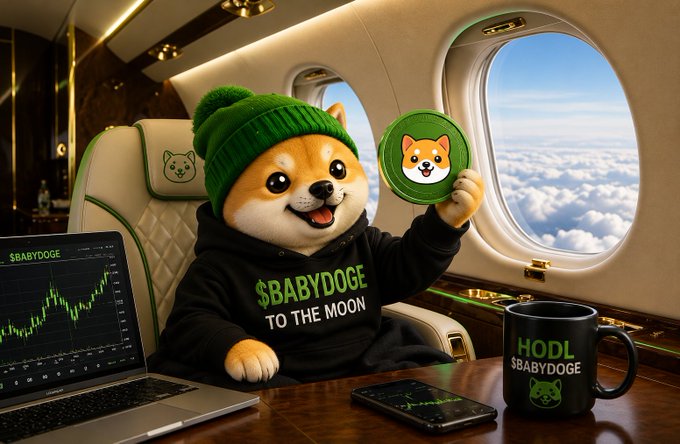 An animated Shiba Inu wearing a green beanie and "BABYDOGE TO THE MOON" hoodie sits in a luxurious private jet, proudly displaying a BabyDoge coin emblem, with a laptop showing crypto charts and a "HODL BABYDOGE" mug nearby—perfectly illustrating the post's "I am locked in on $BABYDOGE" vibe of unwavering dedication to the token.