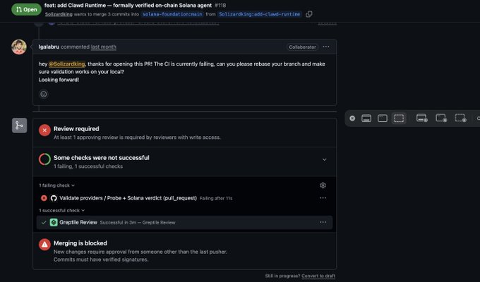 A GitHub pull request interface showing a failed Solana verification check, with a comment from user 'lgalabru' about Solana CI issues.