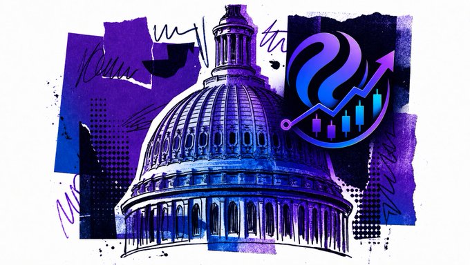 A stylized purple and blue illustration of the U.S. Capitol dome featuring an upward-pointing arrow and a candlestick market chart.