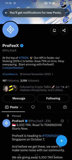 A Twitter/X profile page for ProFeeX (@Pro_FeeX) showing their pinned post about a 3,333 TRX giveaway for TOKEN2049 Singapore, with 2,139 followers and a November 2025 join date.