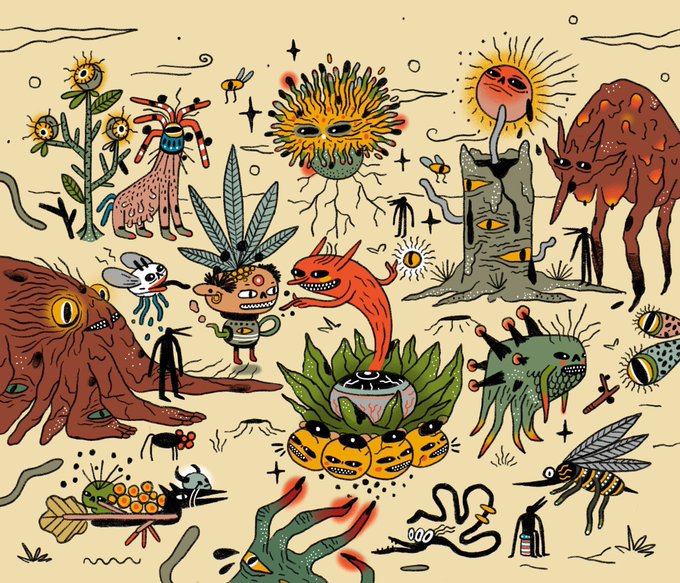 A colorful, whimsical illustration featuring an array of fantastical creatures, plants, and monsters, including a spiky yellow entity, a tree-like face, and various insect-like beings, all set against a pale yellow background.