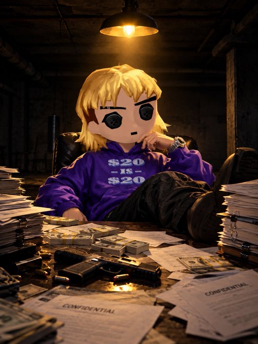 3D-rendered anime-style character with blonde hair wearing a purple hoodie that reads '$20 IS $20', sitting at a desk covered in stacks of cash, gold, and 'CONFIDENTIAL' documents.