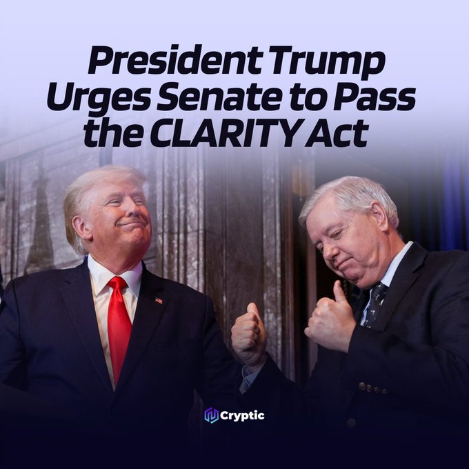 The image shows President Trump giving a thumbs up, alongside the text "President Trump Urges Senate to Pass the CLARITY Act." This visually supports the accompanying post's update about Trump's call for the Senate to pass the CLARITY Act.